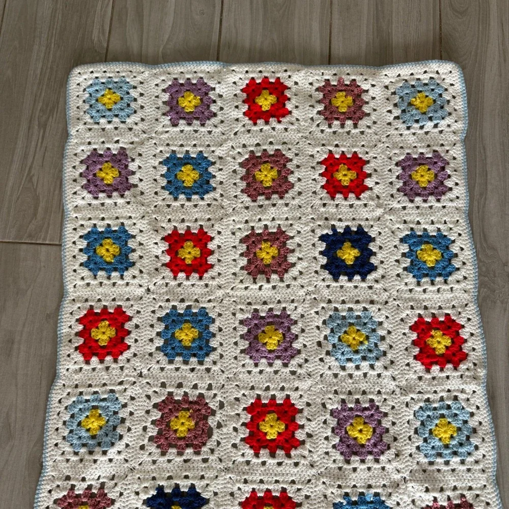 Handmade Crochet Granny Square Baby Blanket MultiColor White 24x36 Nursery Throw